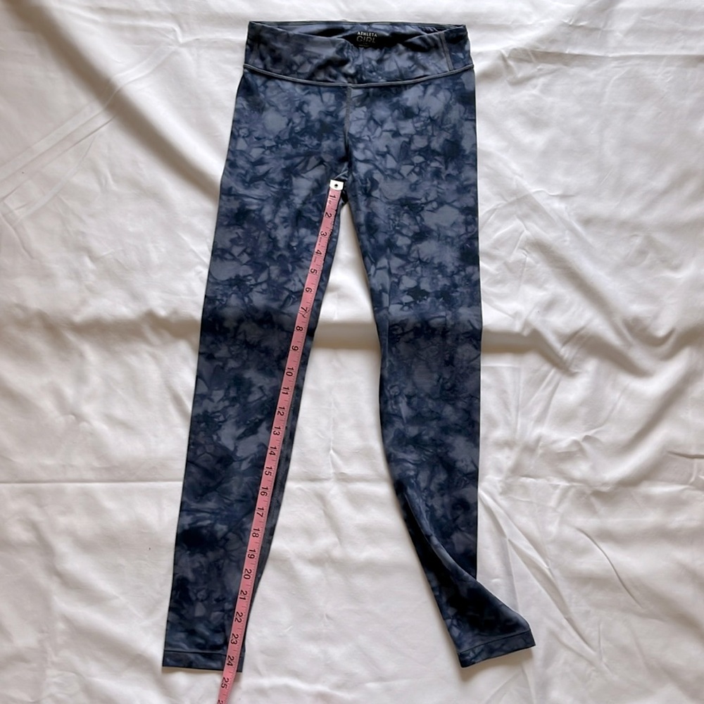 Athleta Girl size 12 leggings. 24 inch inseam. Rise is 8 in. Blue tie dye.
